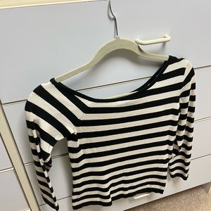 Limited! Off one shoulder, light wt sweater. Small. Ivory/black stripe.